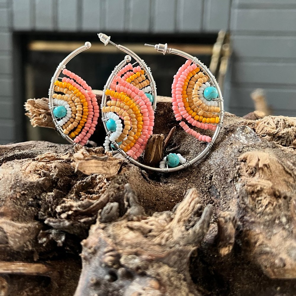 Beaded Hoop Earring, Orange & Pink Boho Earrings